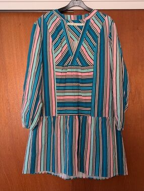 Marie Oliver Teal, Pink & White Striped Long Sleeve Dress Designer
